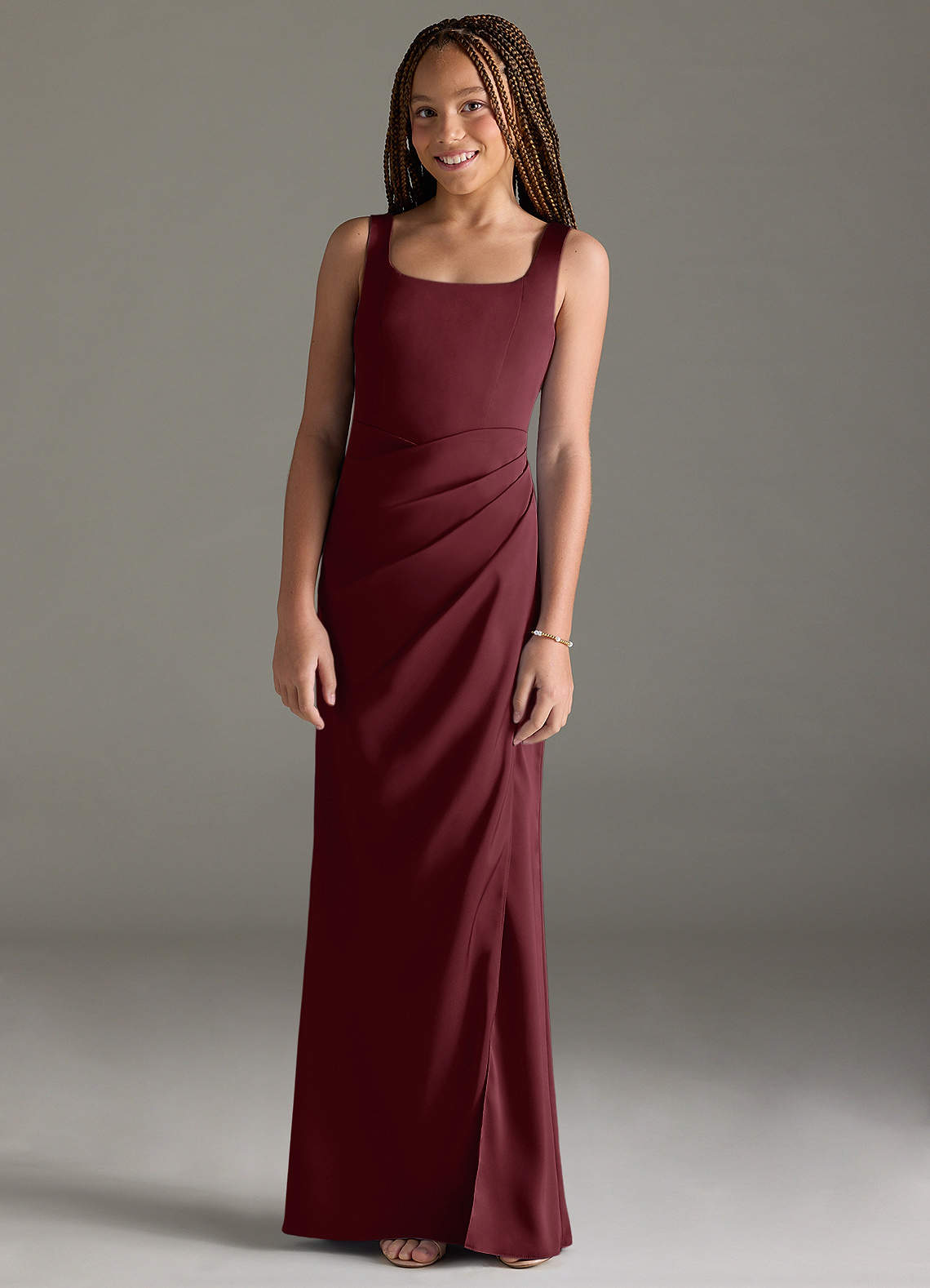 Azazie Mero Junior Cabernet Mermaid Pleated Stretch Satin Dress image1