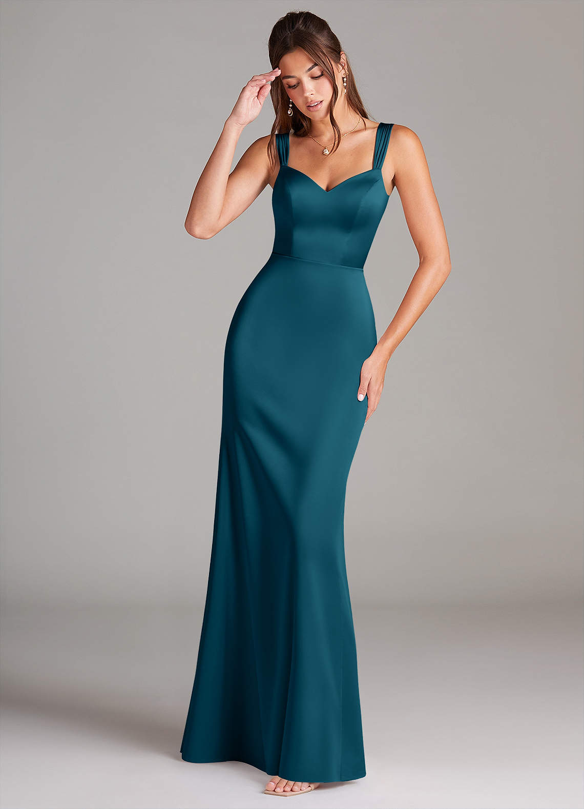 Azazie Denice Bridesmaid Dresses Ink Blue Sheath Pleated Stretch Satin Dress image1