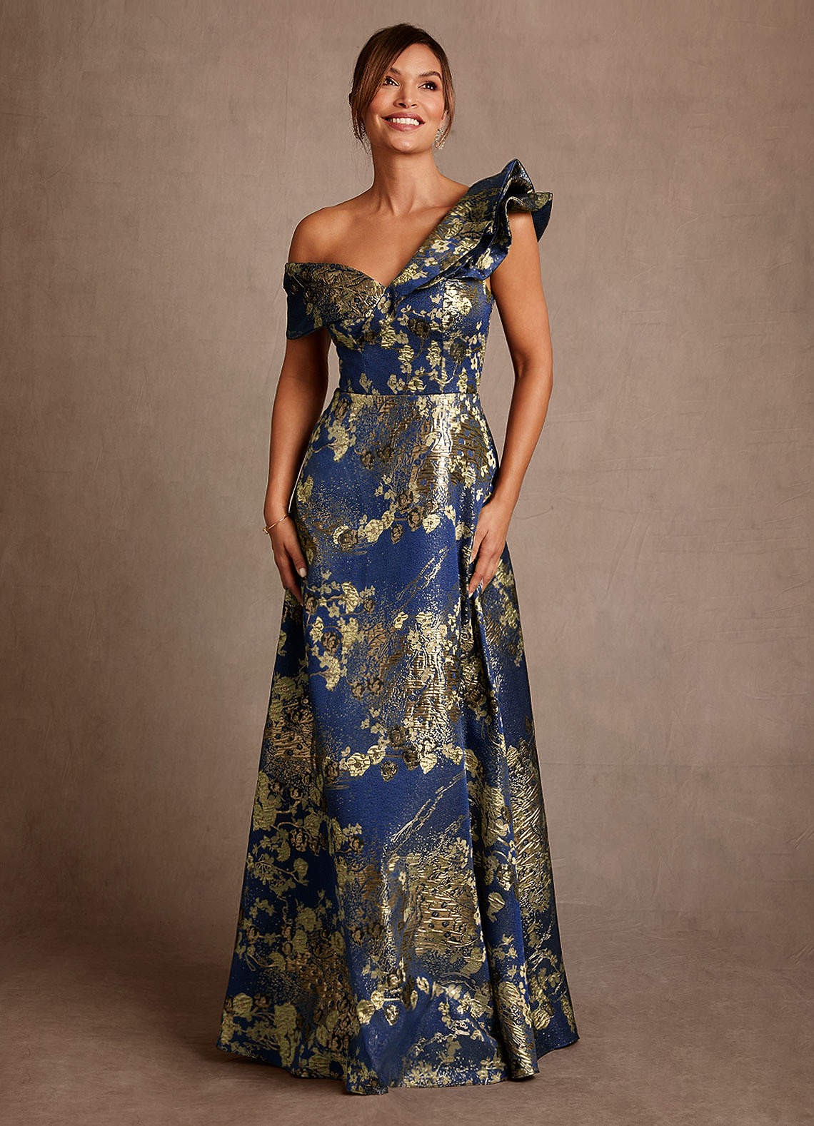 Azazie Des Moines Navy Floral A-Line One Shoulder Floral Jacquard