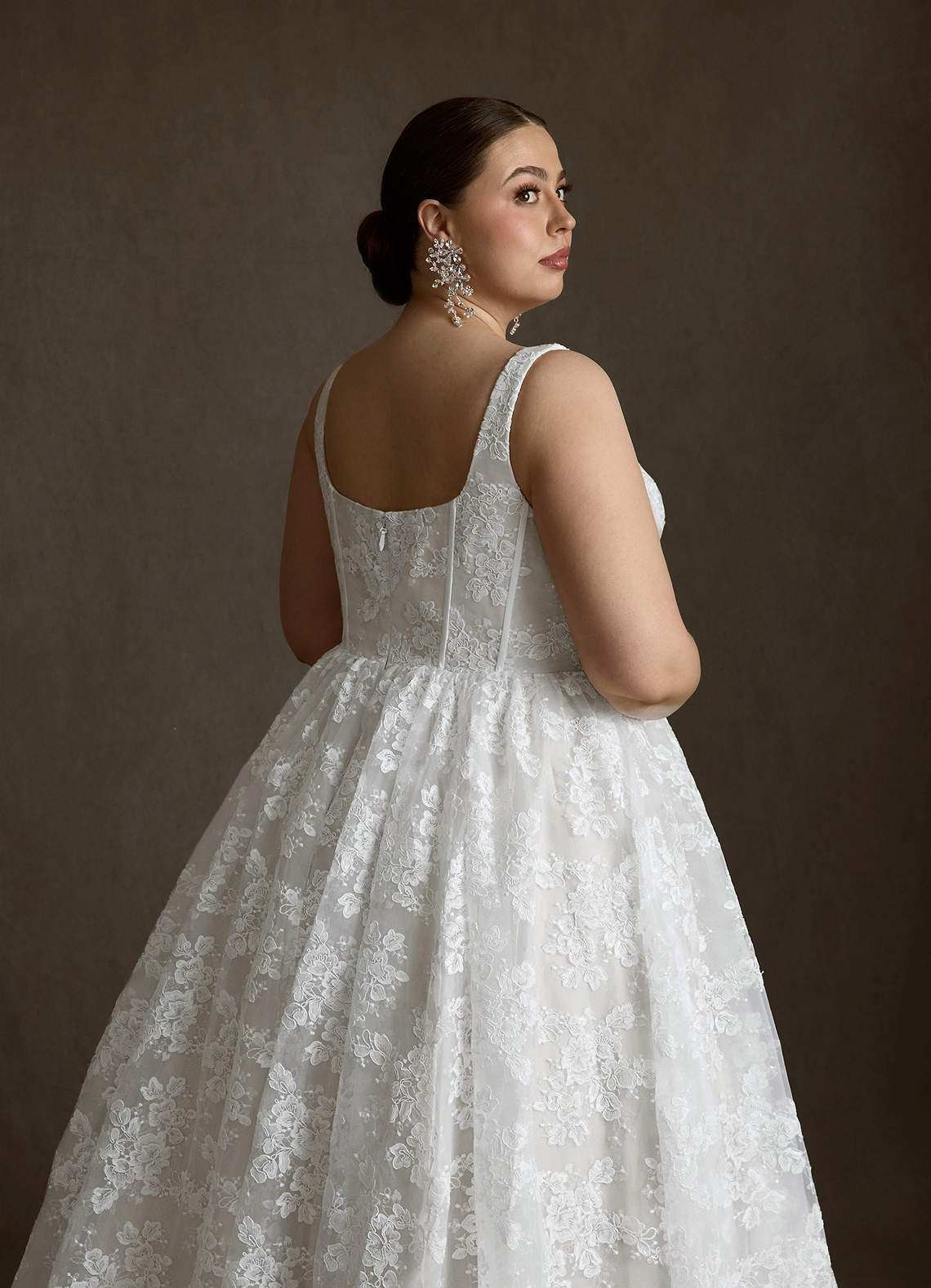 Azazie Geneva At-home Try On Dresses Diamond White Ball-Gown Square Neckline Lace Dress image13