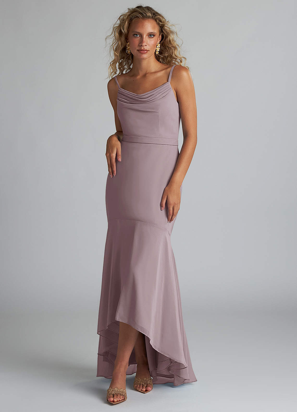 Azazie Summer Bridesmaid Dresses Dusk Mermaid Scoop Cowl Chiffon Dress image1
