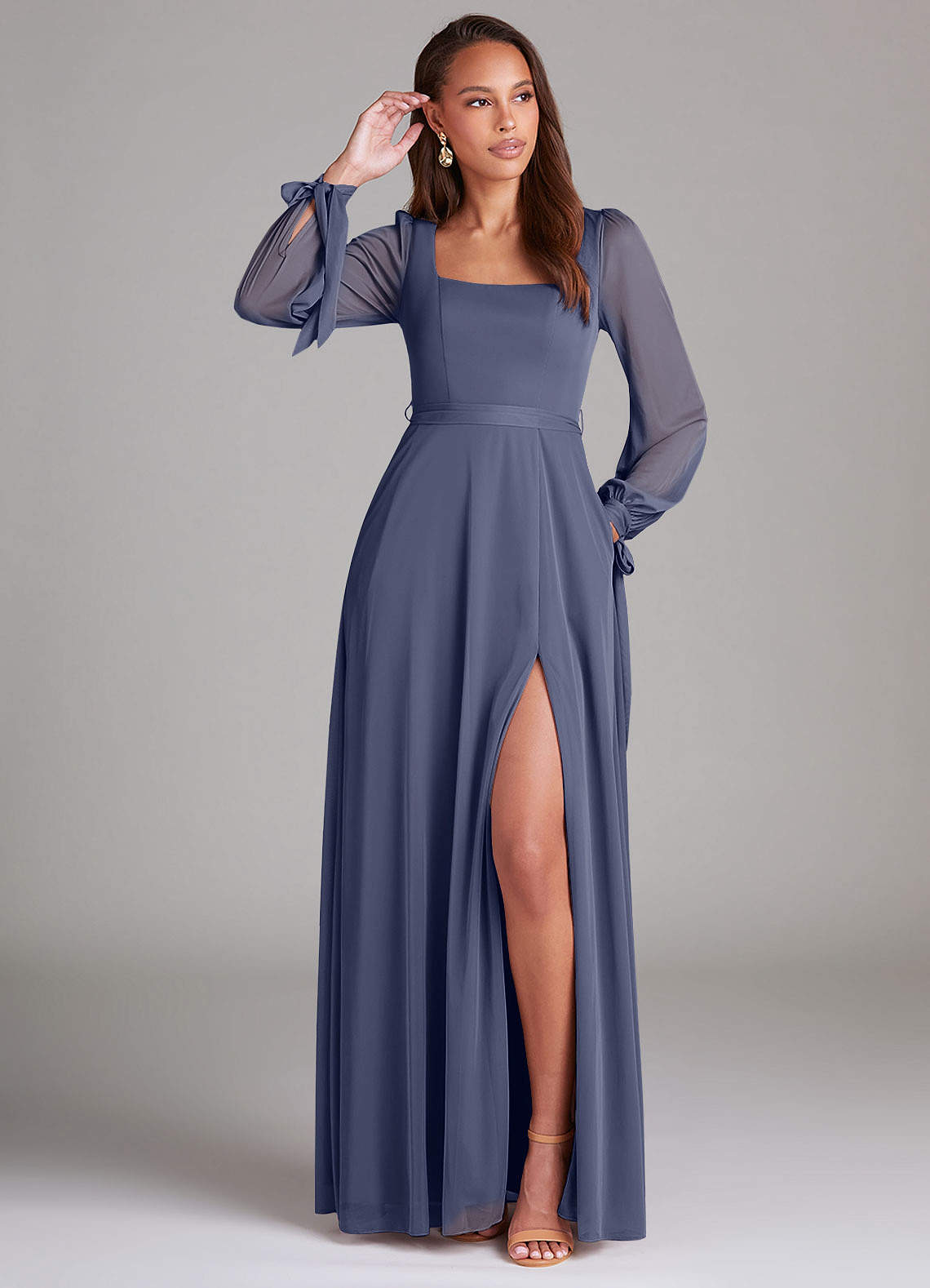 Azazie Leonia Bridesmaid Dresses Stormy A-Line Long Sleeve Mesh Dress image1