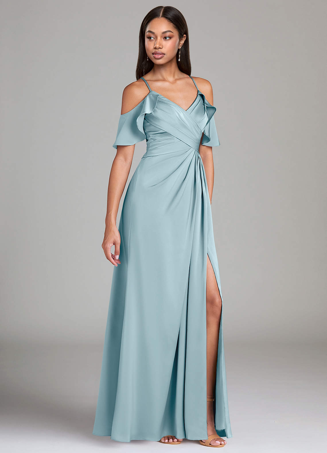 Azazie Dakota Brautjungfernkleider A-Linie Schulterfrei Stretch-Satin Kleid Stimmungsvolles Blau image1