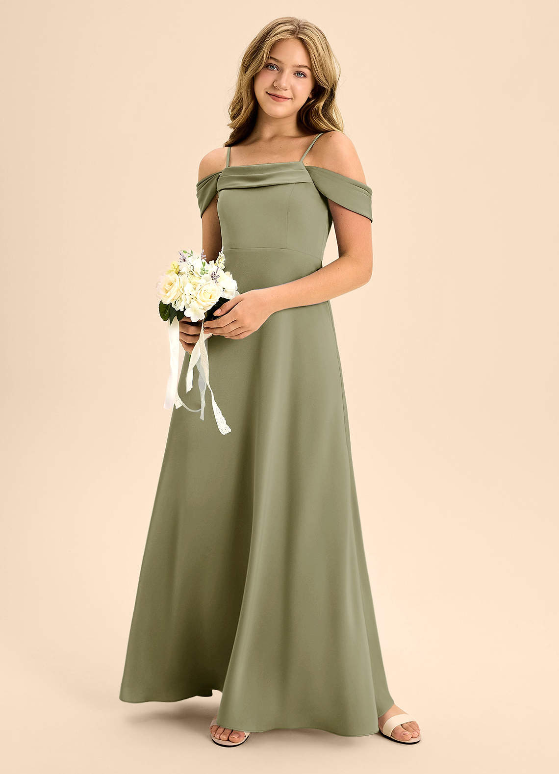 Azazie Anselie Junior Pistachio A-Line Off the Shoulder Stretch Satin Dress image1