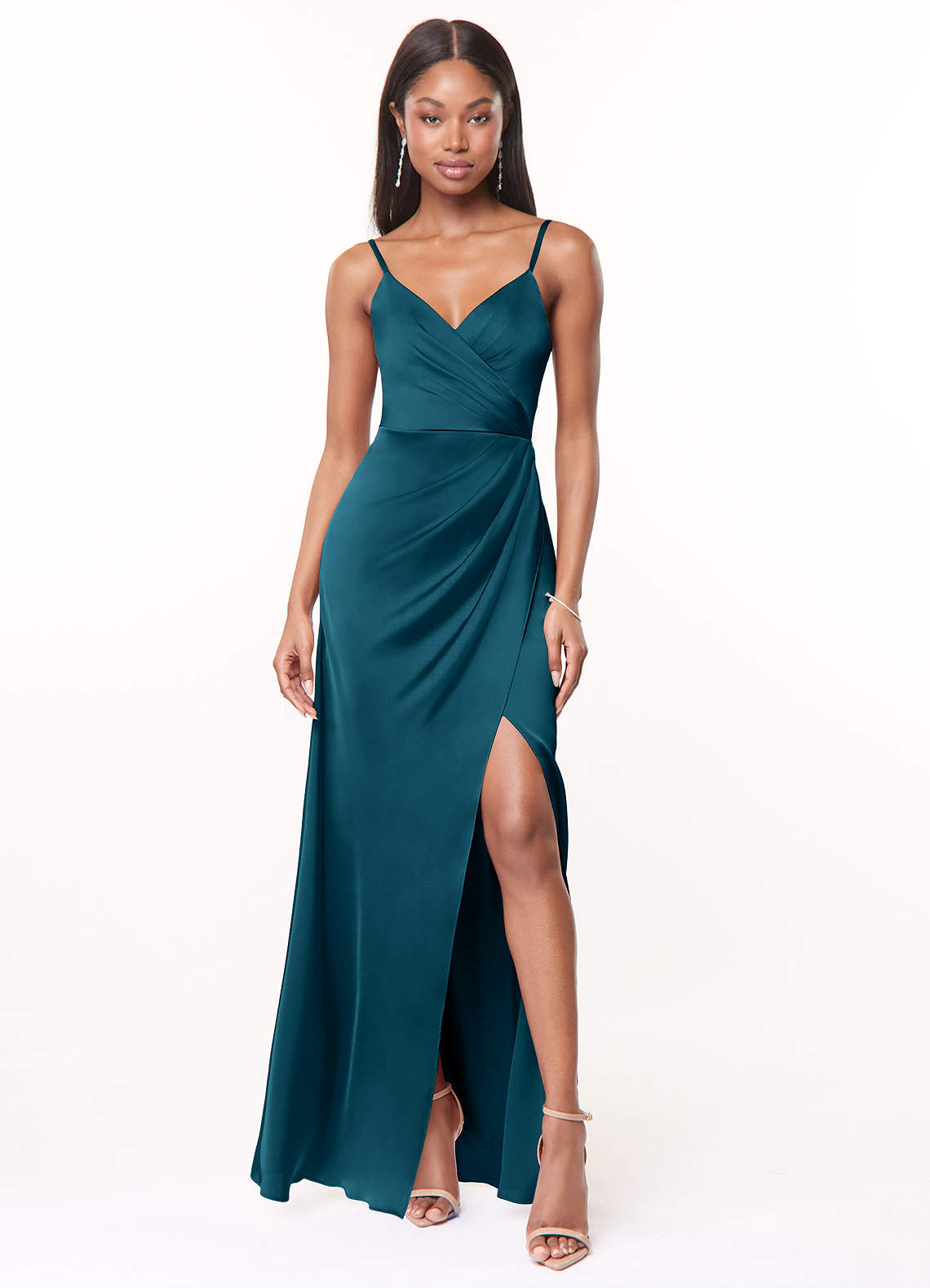 Azazie Maci Brautjungfernkleider A-Linie V-Hals Gefaltet Stretch-Satin Kleid Tintenblau image1