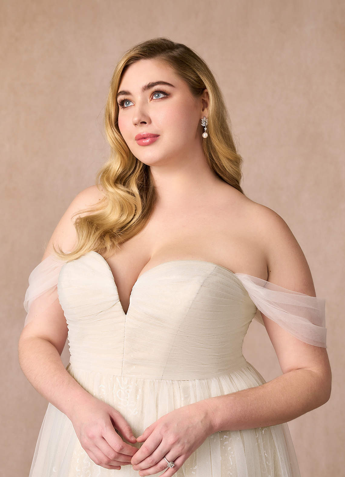 Azazie Maia Diamond White Champagne A-Line Off the Shoulder Tulle