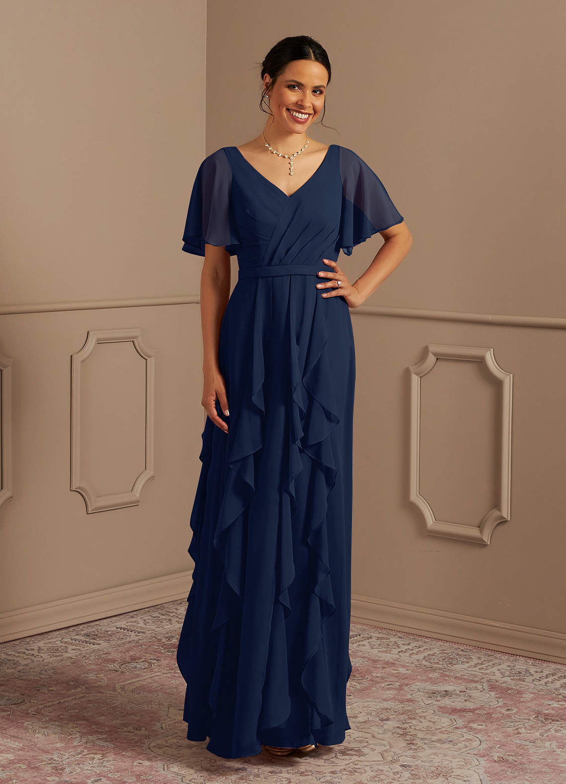 Azazie Watson At-home Try On Dresses Dark Navy A-Line V-Neck Chiffon Dress image1