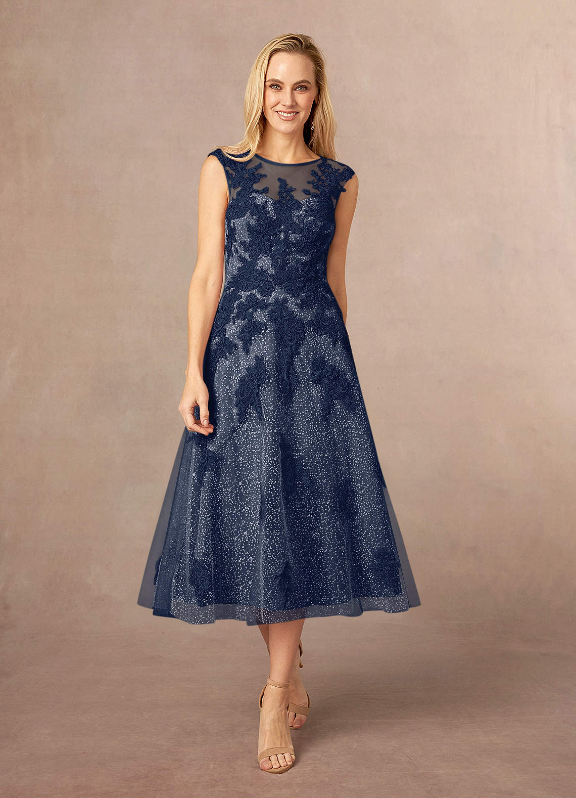 Azazie Flynn Kleider für die Brautmutter A-Linie Bootshals Spitze Tüll Kleid Dunkelmarine image1