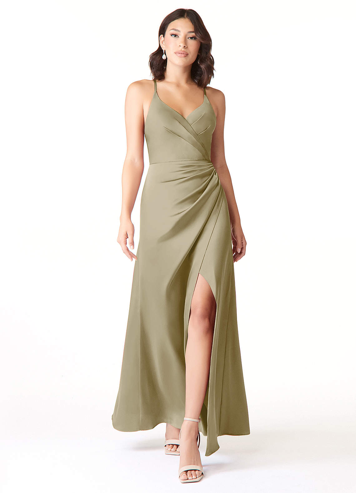 Azazie Geanna Bridesmaid Dresses Moss Green Sheath V-Neck Pleated Stretch Satin Dress image1