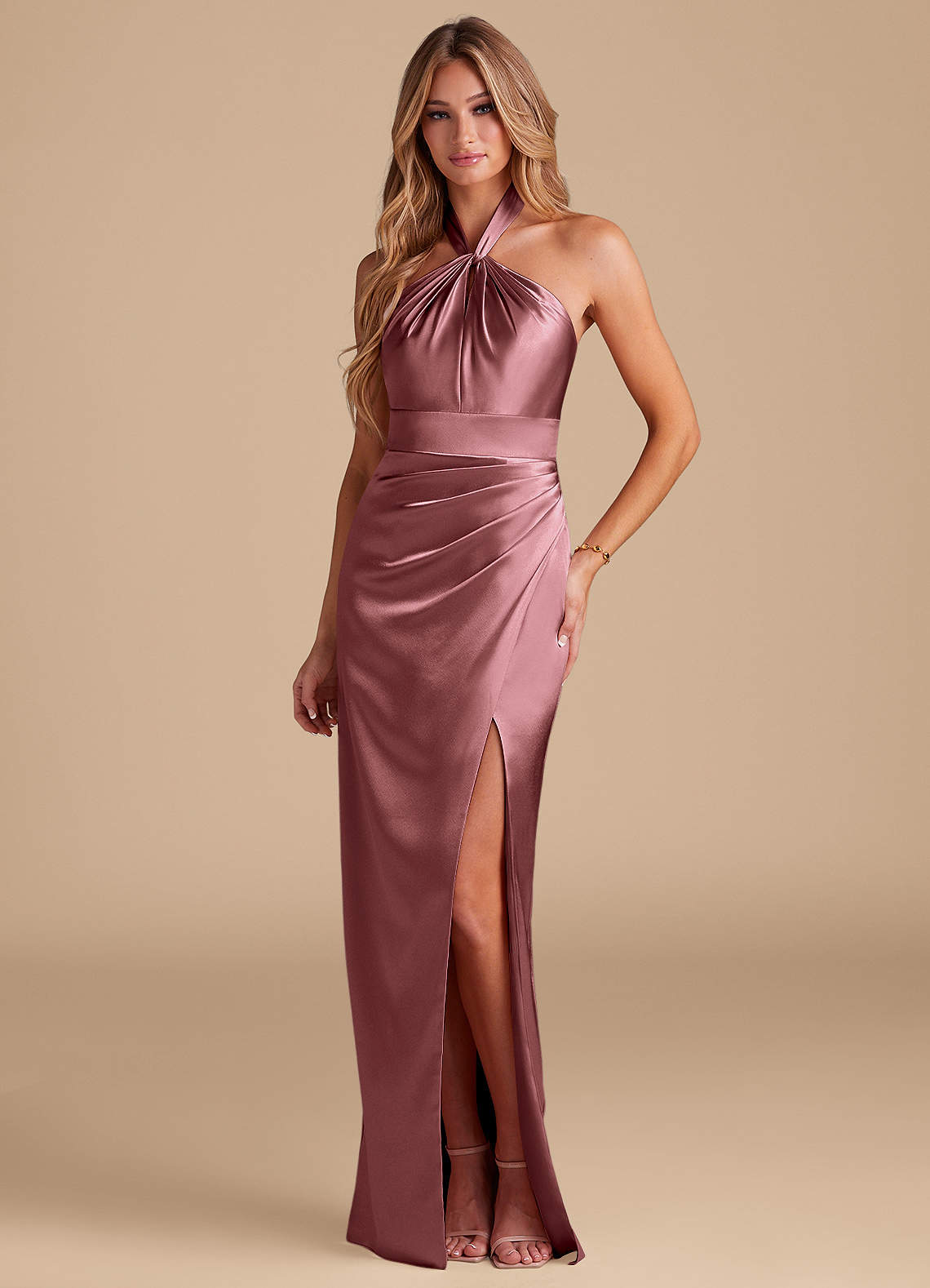 Azazie Zaya Bridesmaid Dresses Vintage Mauve Sheath Pleated Metallic Satin Dress image1
