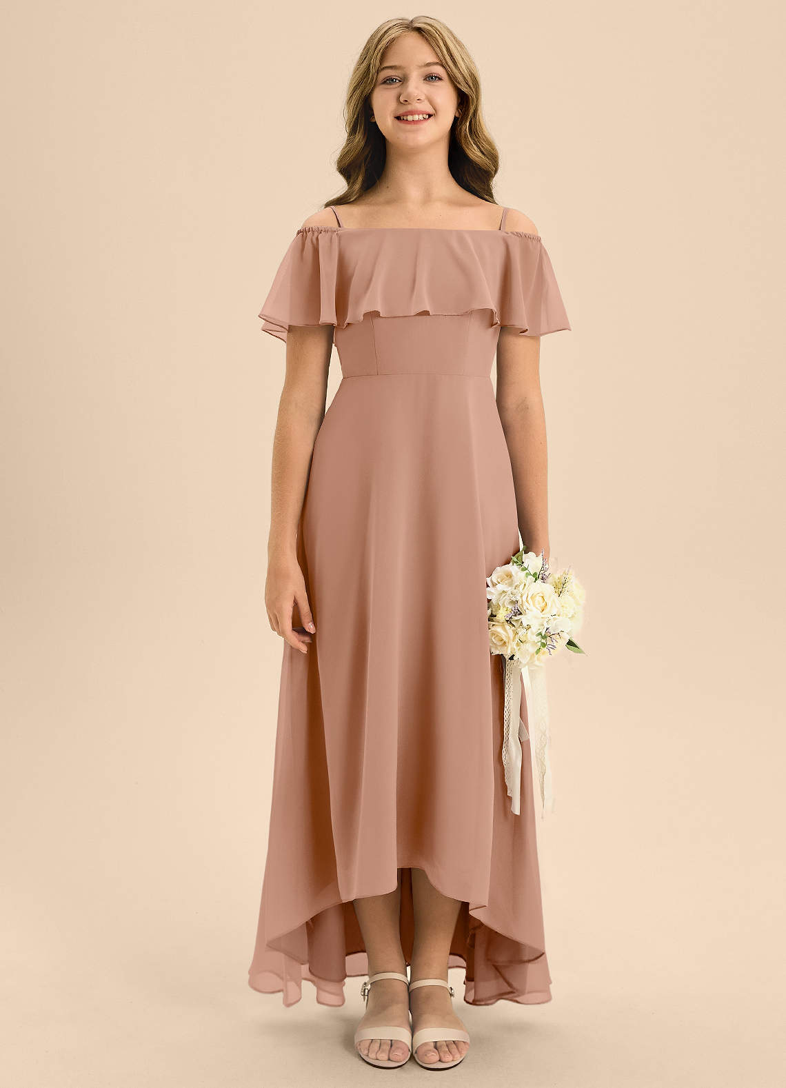 Azazie Maggie Junior A-Linie Schulterfrei Chiffon Kleid Champagner Rosa image1