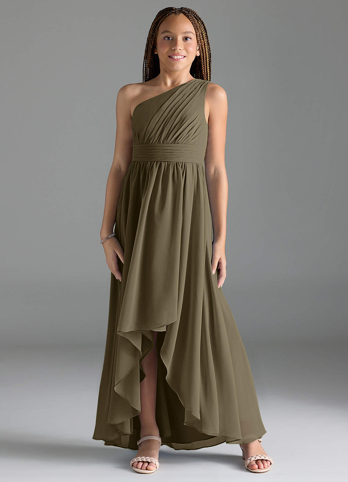 Azazie Mathilda Junior Willow Green A-Line Pleated Chiffon Dress image1