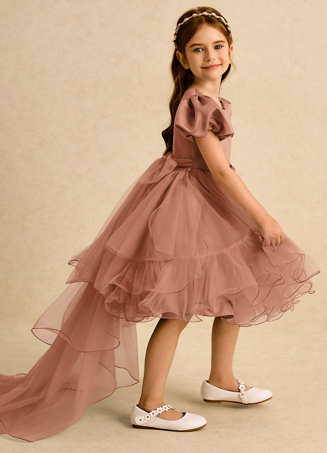 Azazie Cocoa vestidos de niña de las flores Vestido de Bronceador de Tul de Princesa con Plisado image1