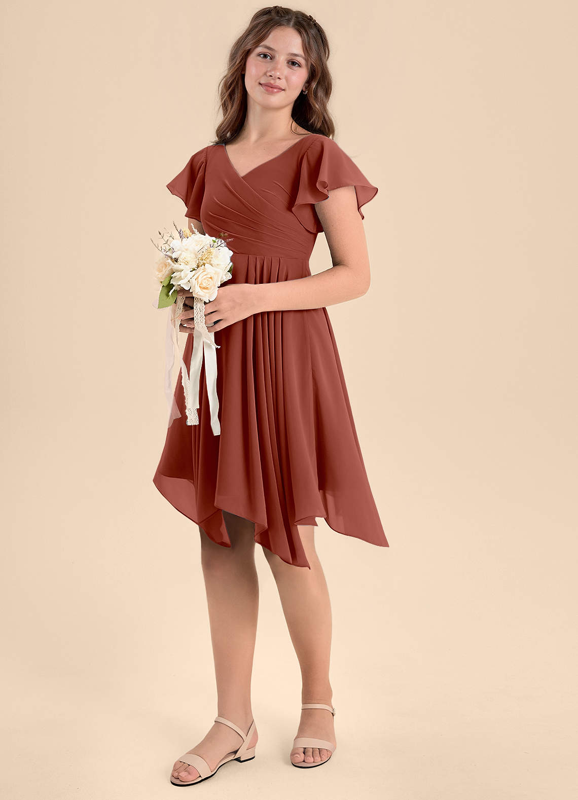Azazie Janeaurelia Junior Auburn A-Line Pleated Chiffon Dress image1
