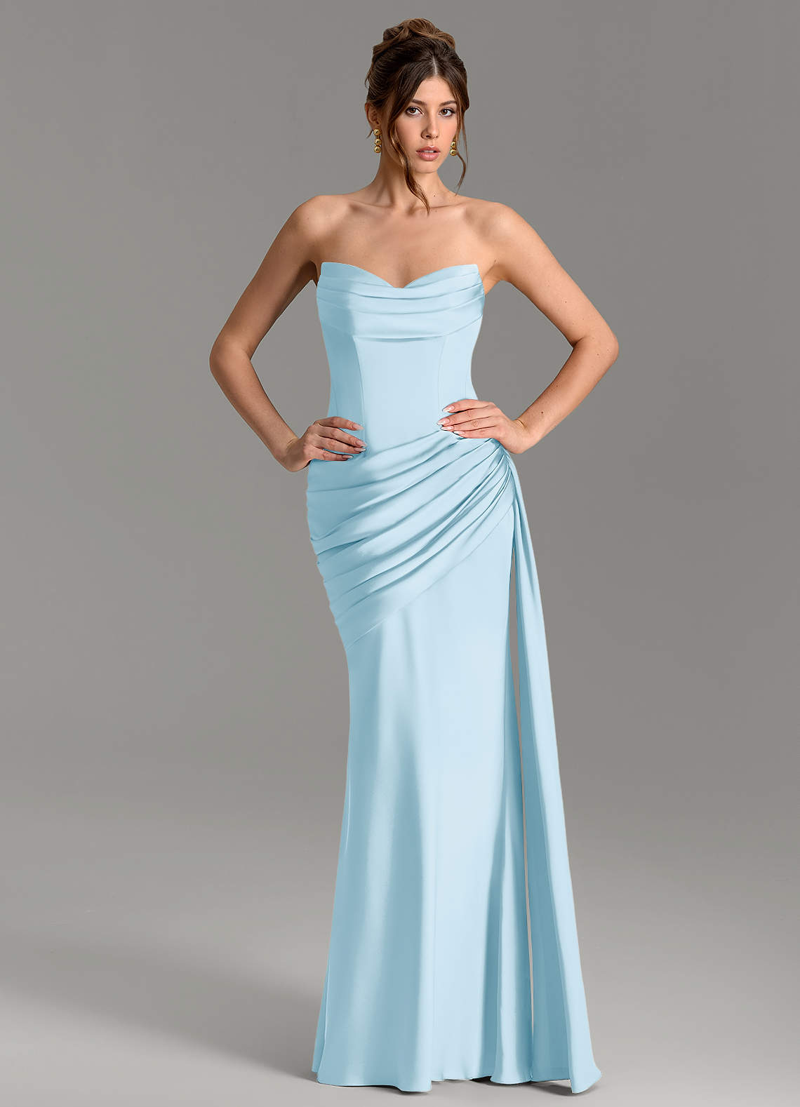SatinマーメイドEye Lash Laceドレス Azazie Zorah Sky Blue Stretch Satin Bridesmaid Dresses | Azazie