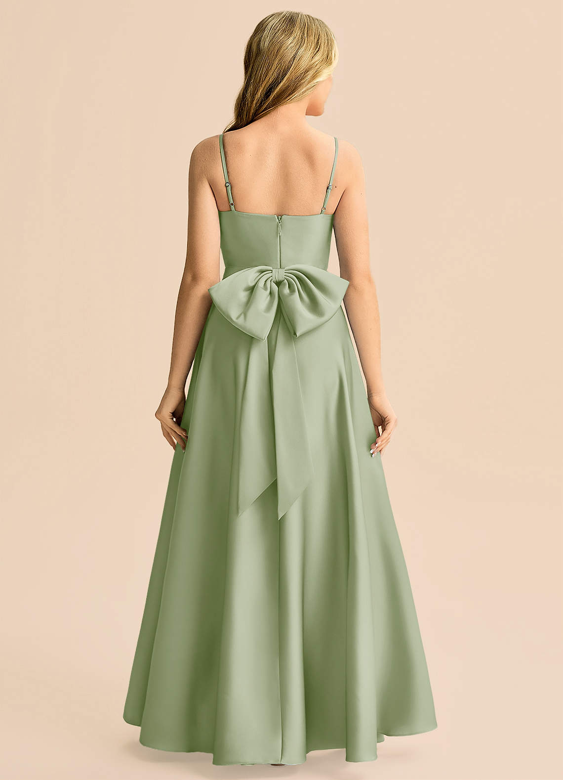 Azazie Rumi Junior A-Line Plisseret Stræk satin Gulv-længde Junior brudepige Kjole image1