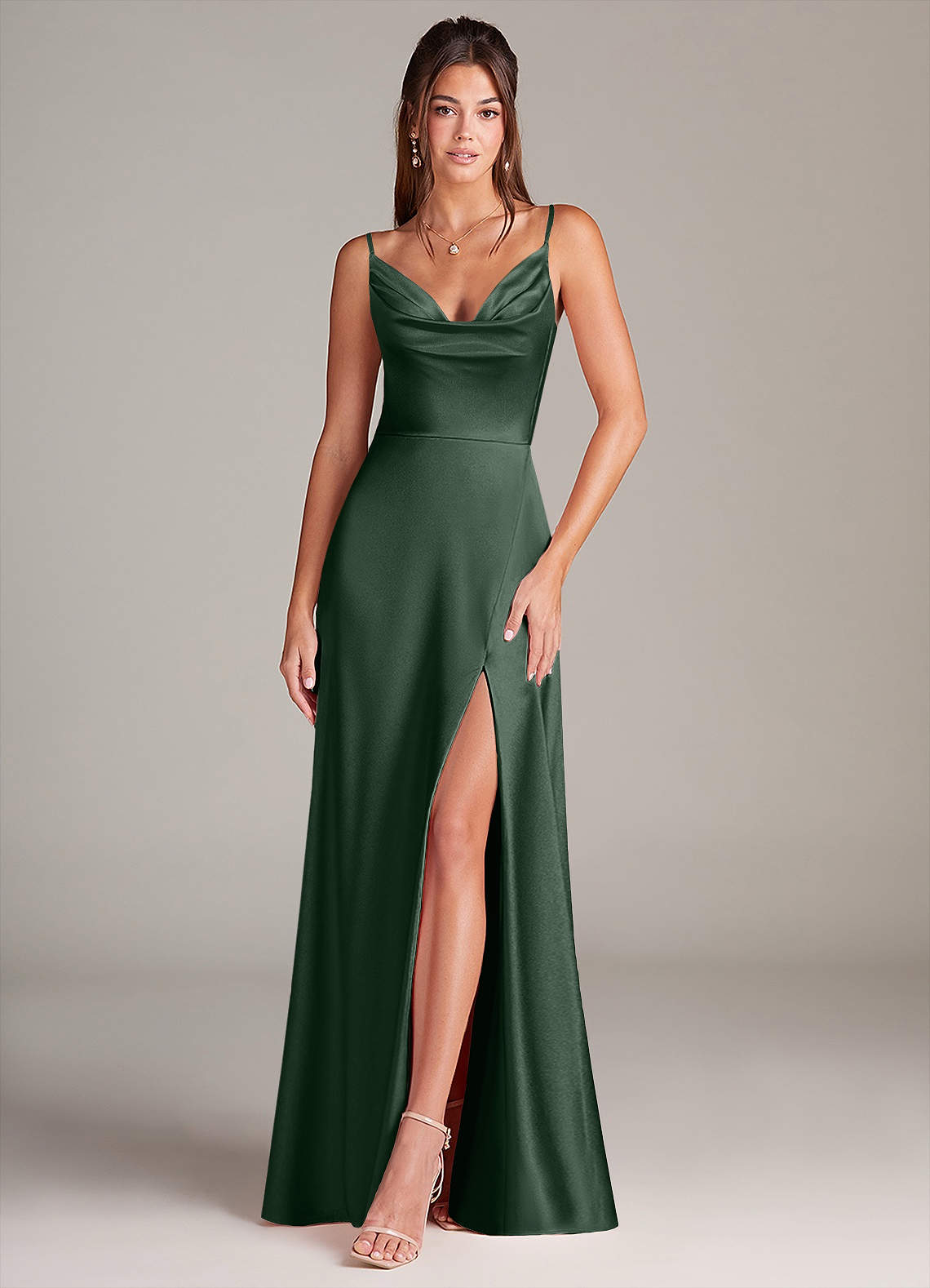 Azazie Sarella Bridesmaid Dresses Eucalyptus A-Line with Pockets Metallic Satin Dress image1