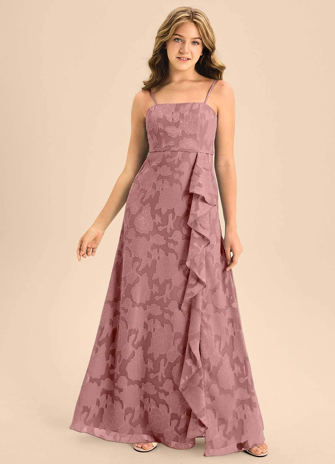 Azazie Kaylee Junior Dusty Rose A-Line with Belt Floral Burnout Dress image1