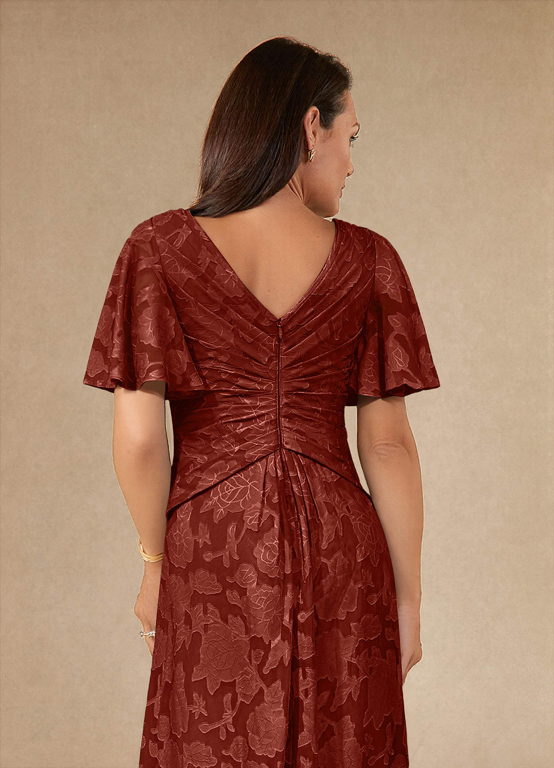 Azazie Emmeline Mother of the Bride Dresses Terracotta A-Line Pleated Floral Burnout Dress image5