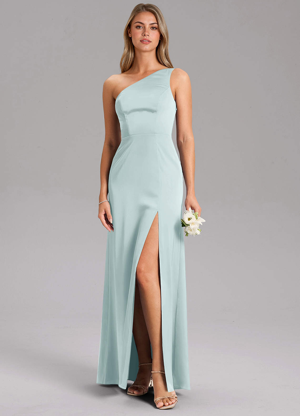 Azazie Feby Bridesmaid Dresses Mist A-Line One Shoulder Stretch Satin Dress image1