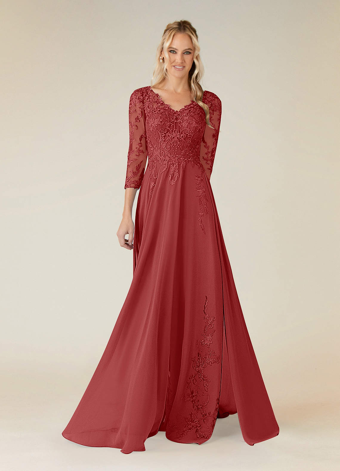 Azazie Noella Mère de la mariée Robes Robe Trapèze en Mousseline de soie Col V Dentelle Rouille image1