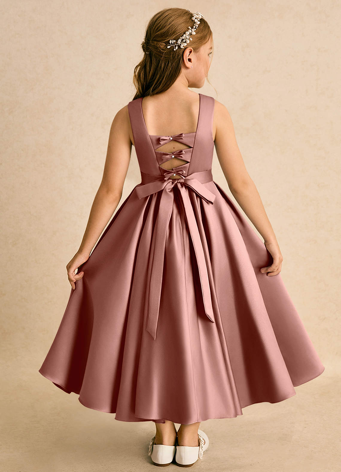 Azazie Junebuj vestidos de niña de las flores Vestido de Rosa De Cedro de Satin Mate de Princesa con Plisado image1