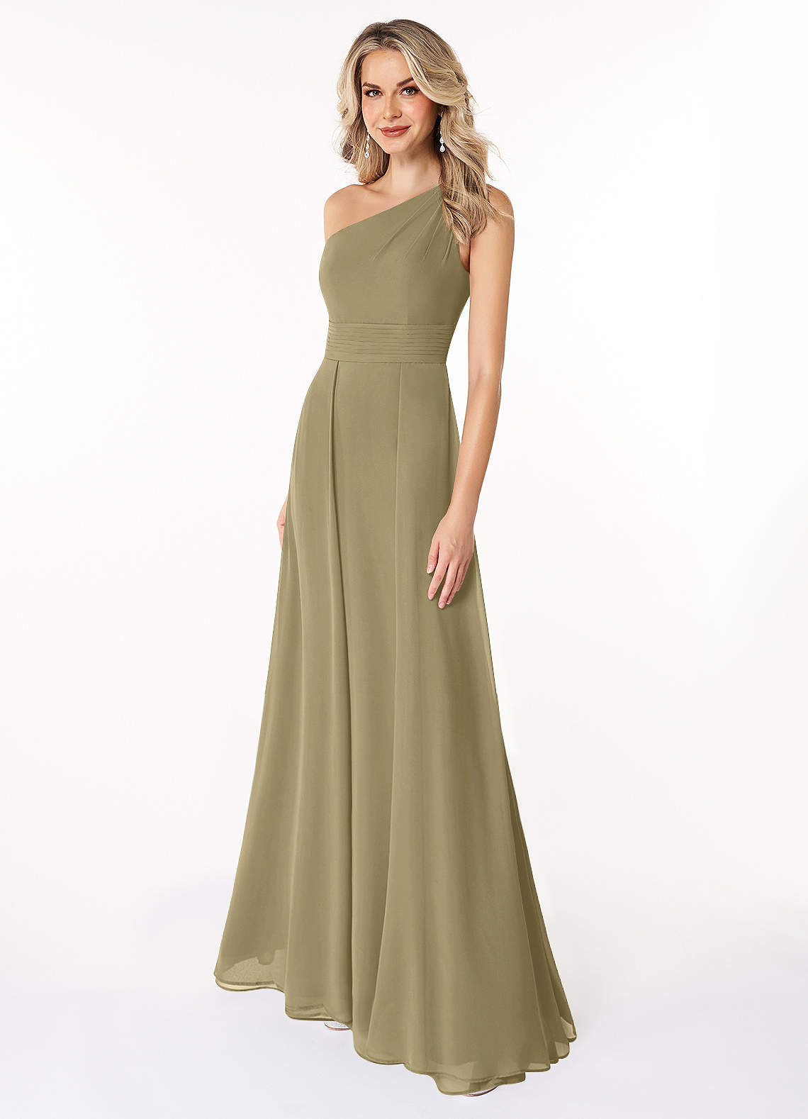 Azazie Plus Size A-Line One-Shoulder Floor-Length Chiffon Bridesmaid Dresses - Moss Green