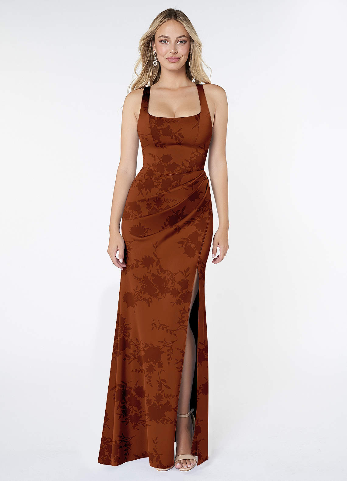 Azazie Mero Vestidos de damas de honor Vestido de Floral Naranja Quemado de Satén Elástico de Corte Recto con Plisado image1