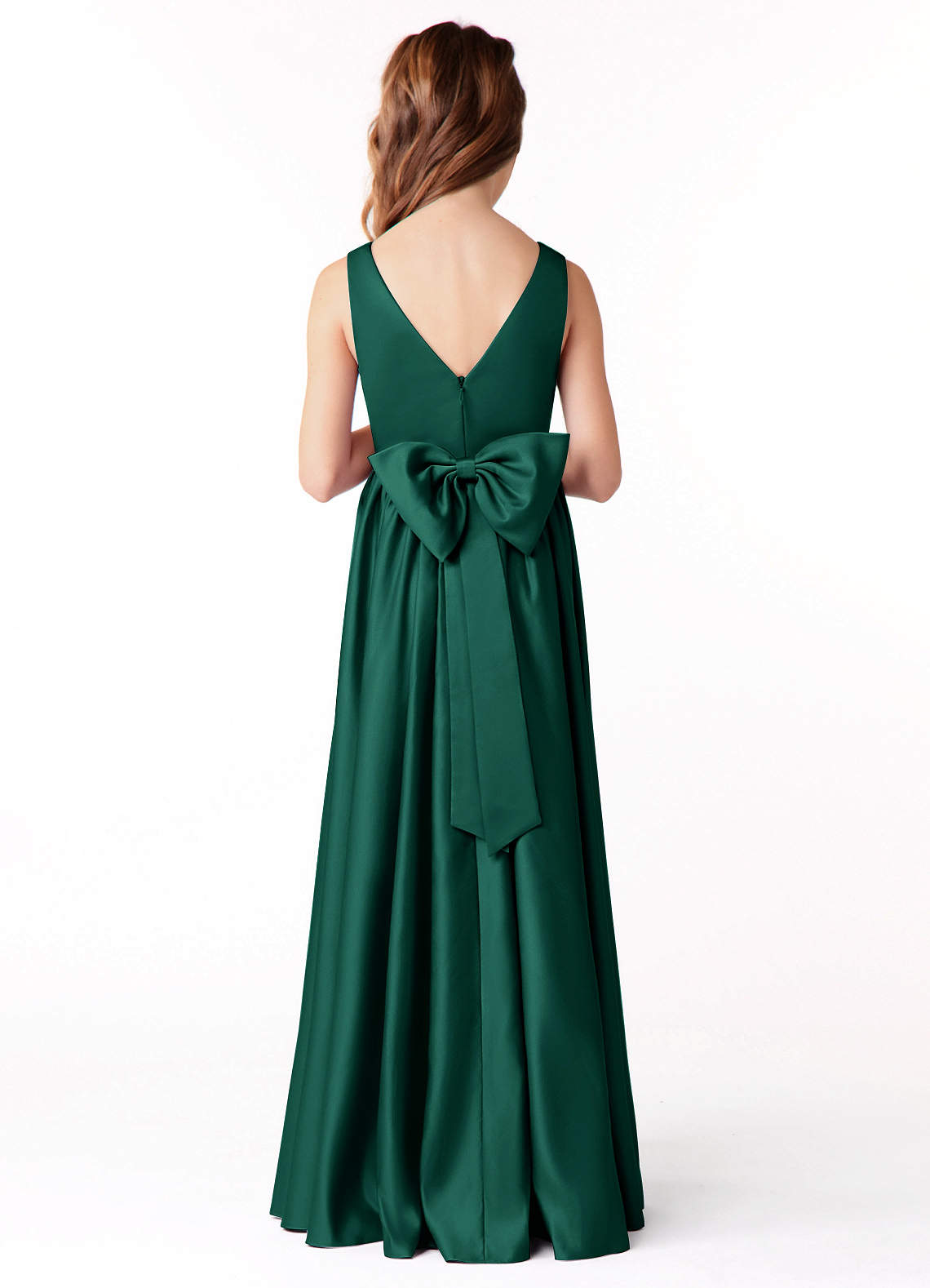 Azazie Hathaway Junior Emerald A-Line Bow Stretch Satin Dress image1