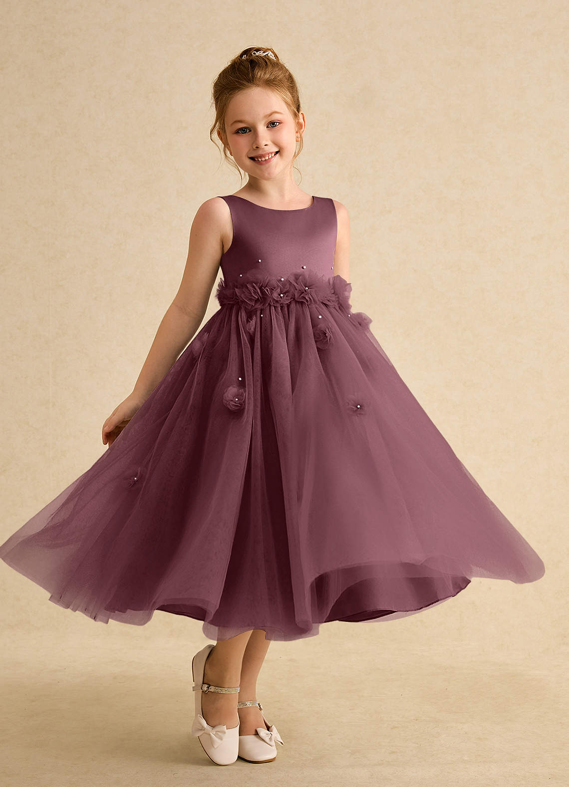 Azazie Lux Flower Girl Dresses Sangria A-Line Beaded Tulle Dress image1