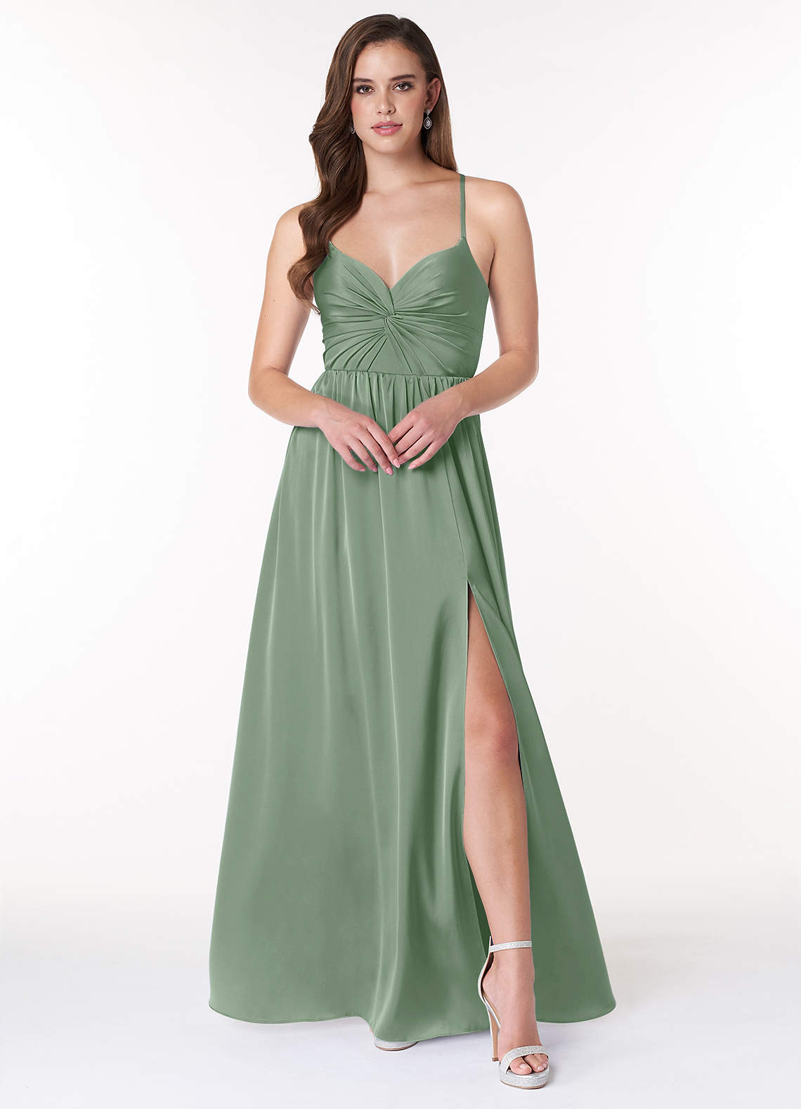 Azazie Raya At-home Try On Dresses Matcha A-Line V-Neck Pleated Stretch Satin Dress image1