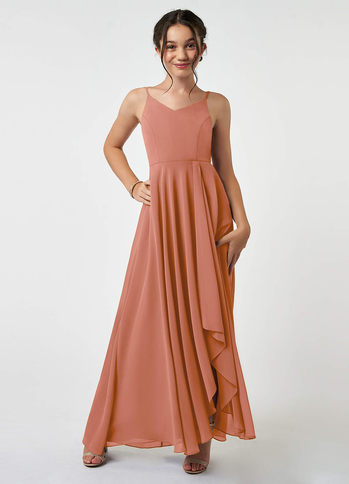 Azazie Collette Junior A-Linie Gestreift Chiffon Kleid Mai Tai image1
