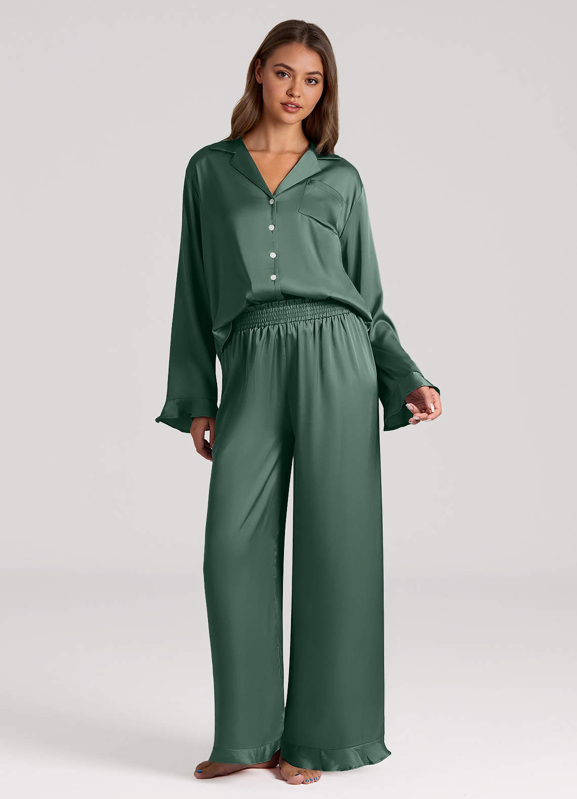front Ruffled Satin Long Sleeve Pajama Set