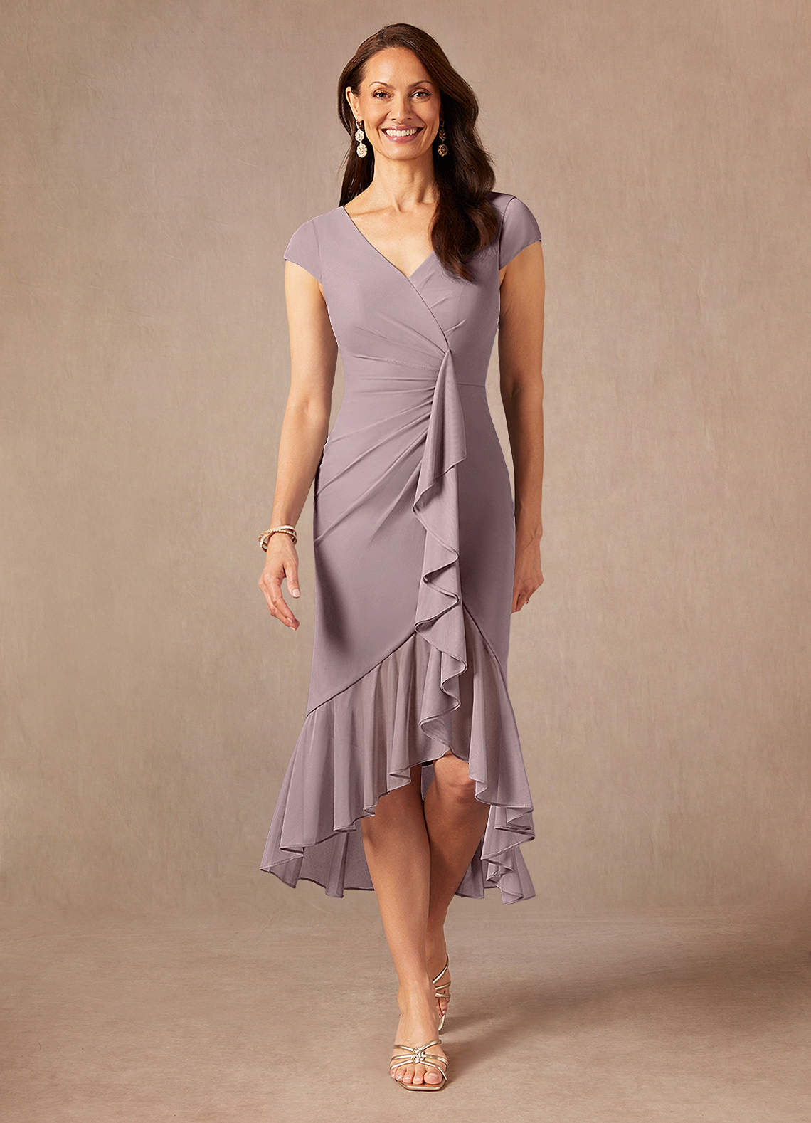 Azazie Renetta Mother of the Bride Dresses Dusk Sheath V-Neck Pleated Mesh Dress image1