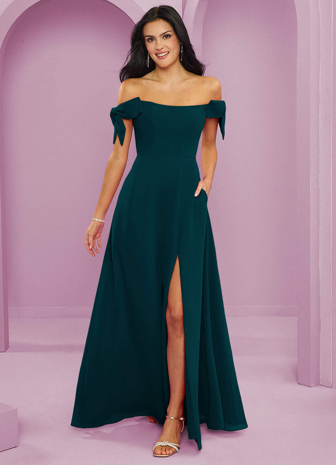 Barbie ♥ Azazie Robes de demoiselle d'honneur Robe Trapèze Convertible en Mousseline de soie Épaule décolletée Vert Pin image1
