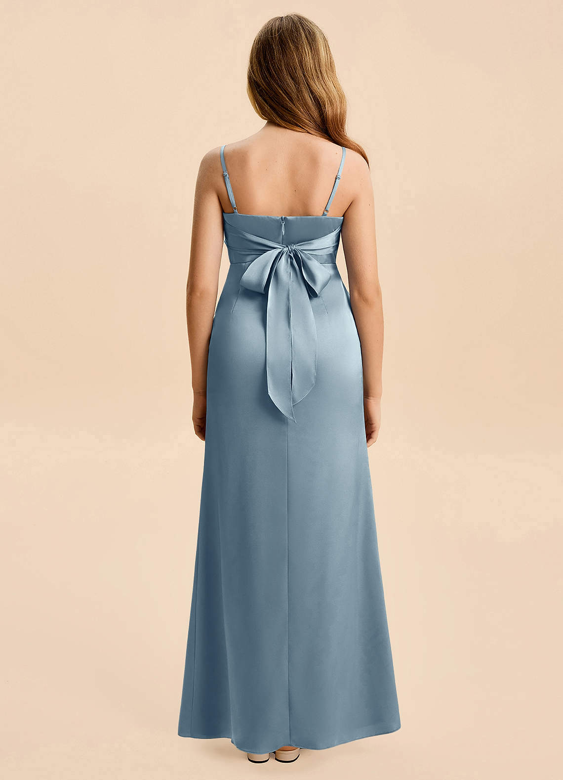 Azazie Christen Junior A-Line Plisseret Stræk satin Gulv-længde Junior brudepige Kjole image4