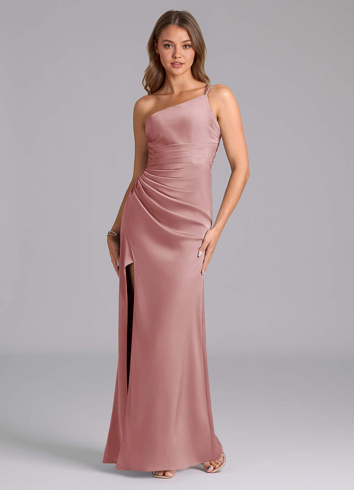 Azazie Eren Bridesmaid Dresses Dusty Rose Mermaid One Shoulder Stretch Satin Dress image4