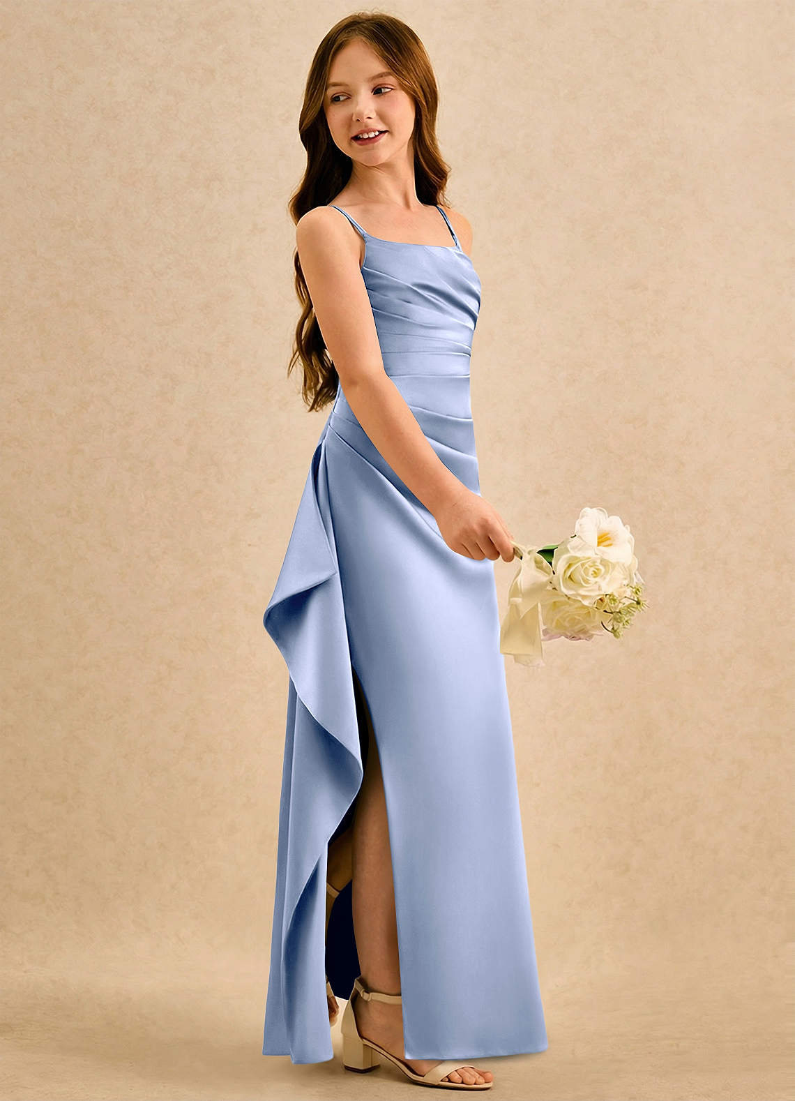 Azazie Cannoli Girls Formal vestidos de niña de las flores Vestido de Hielo de Satin Mate de Corte en A con Plisado image3