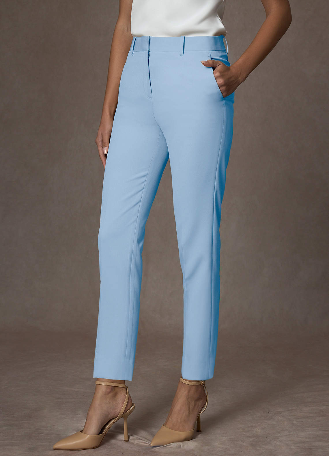 front Whitney Sky Blue Structured Stretch Full Length Dress Pants
