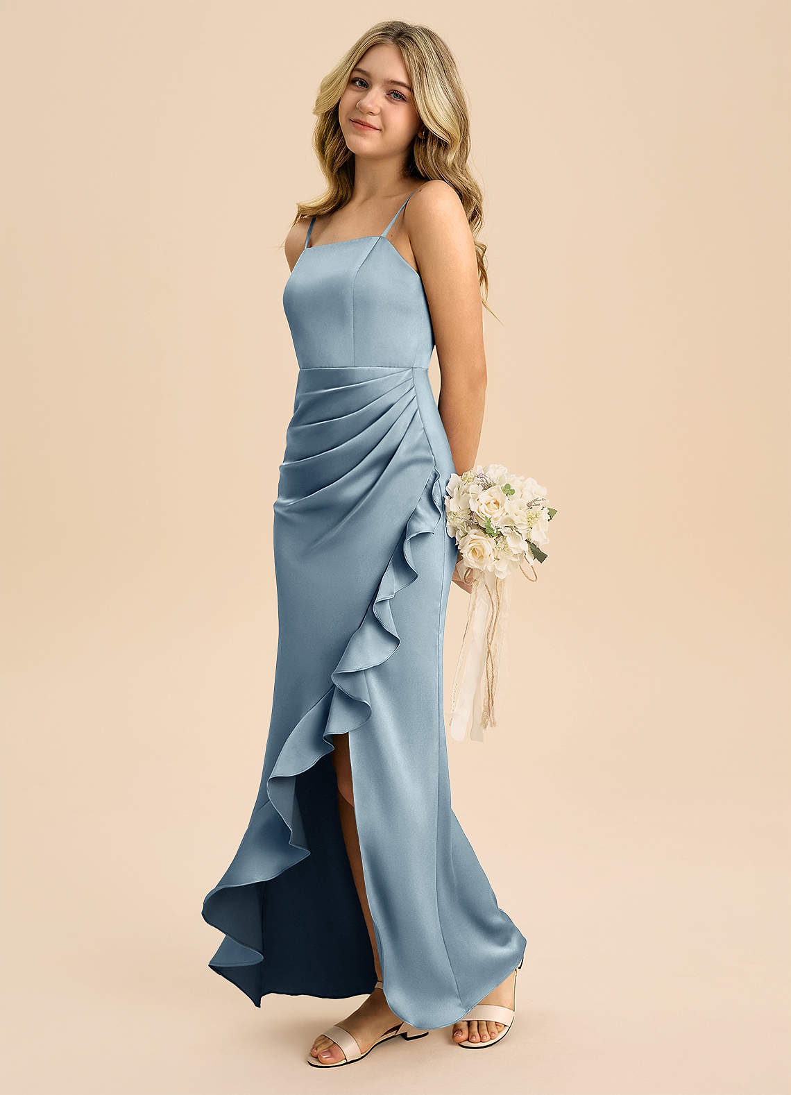 Azazie Buzzy Junior Dusty Blue Sheath Pleated Stretch Satin Dress image5