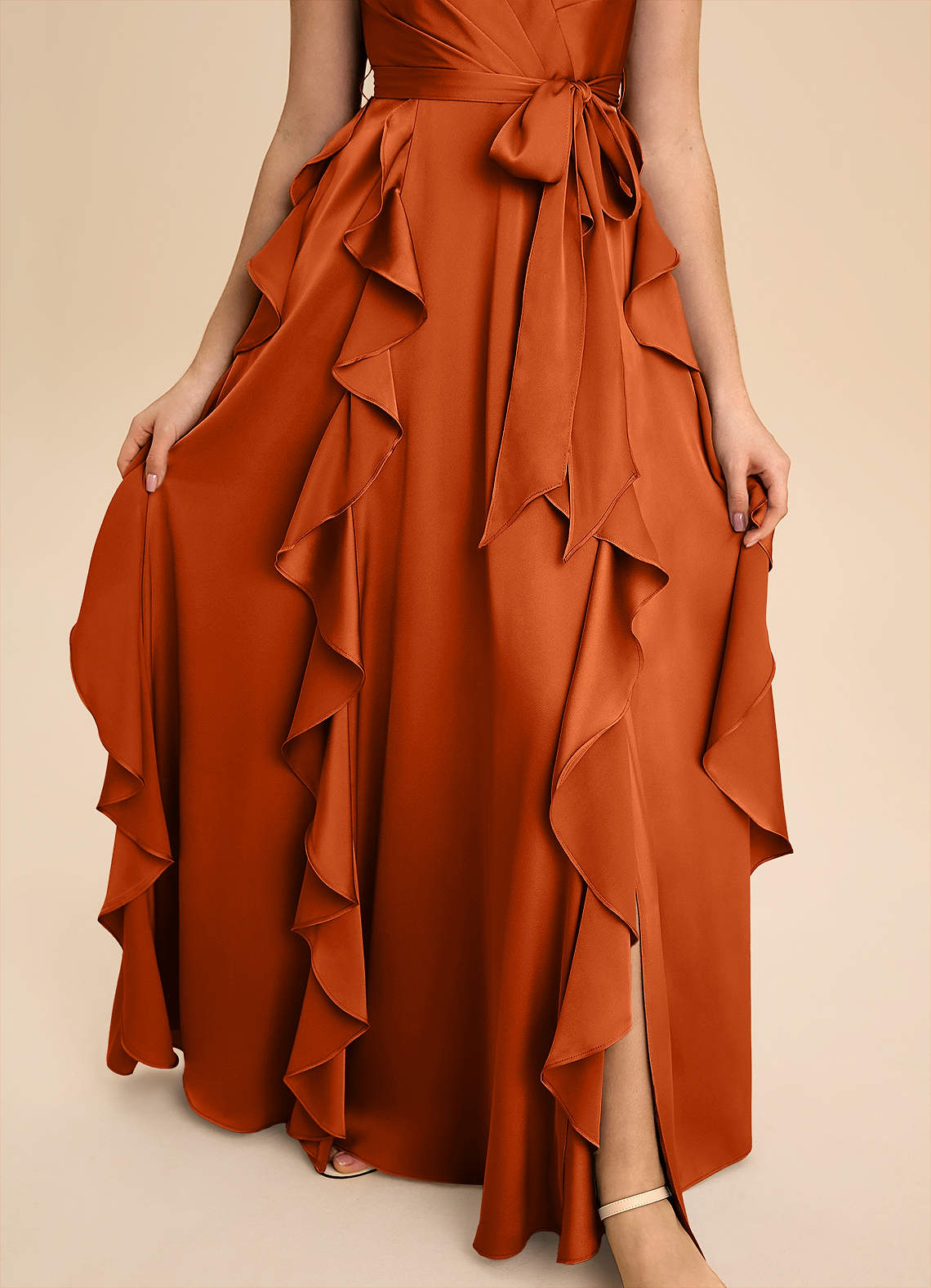 Azazie Peyton Junior Robe Trapèze en Satin extensible Plissée Orange Brûlée image5