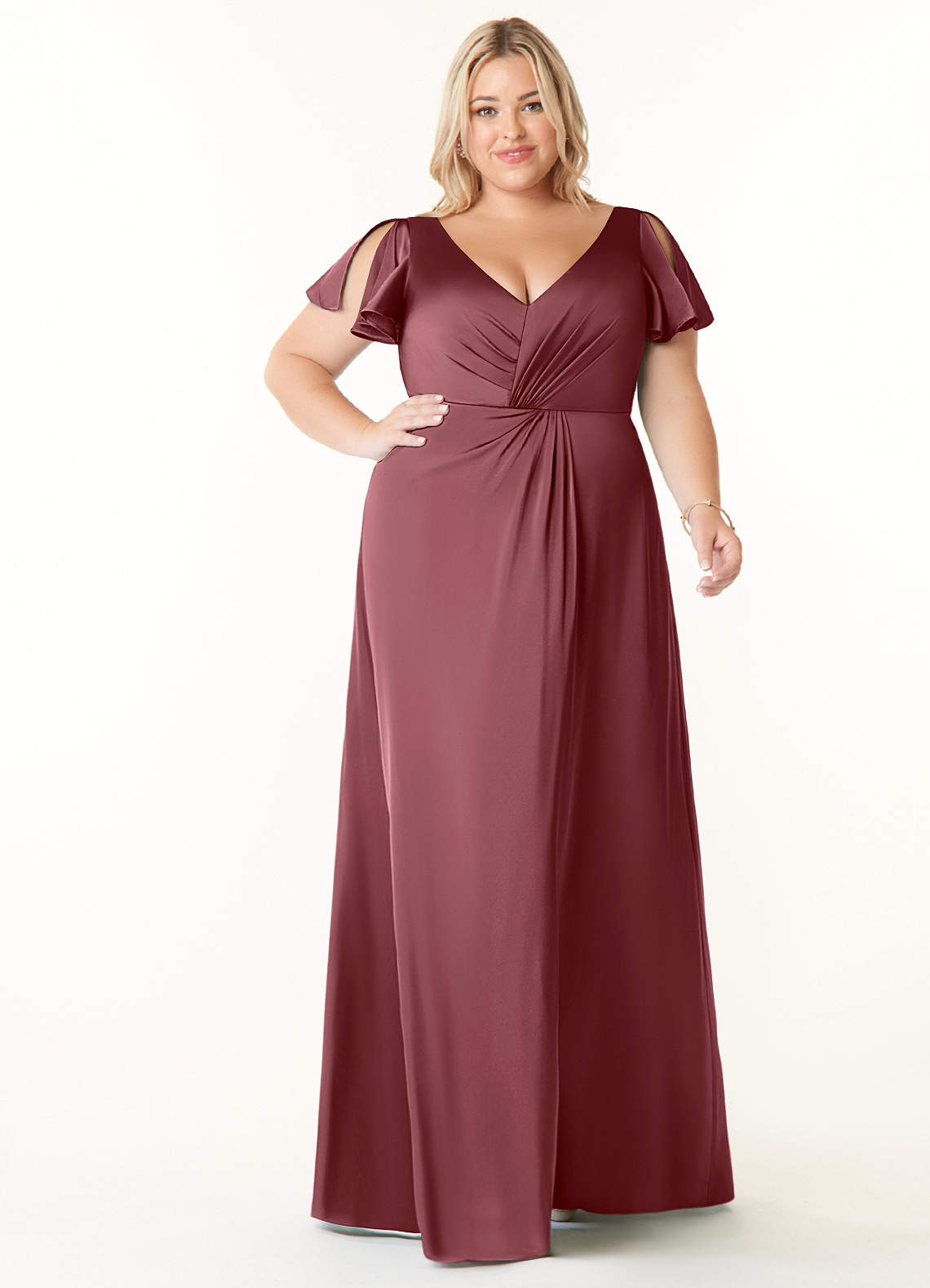 Azazie Soren Bridesmaid Dresses Desert Rose A-Line Pleated Stretch Satin Dress image1