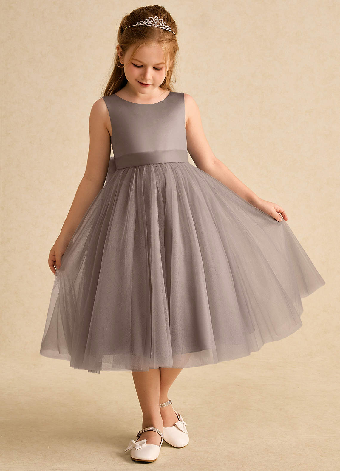Azazie Winnie vestidos de niña de las flores Vestido de Gris Pardo de Tul de Princesa con Lazo image1