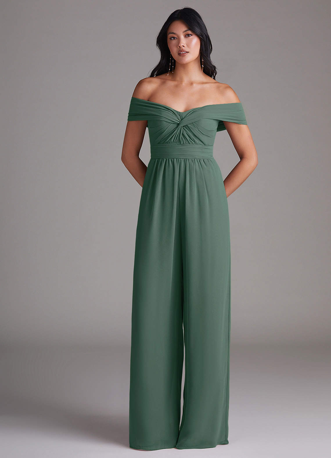 Azazie Lamara Essayer des robes à la maison Combinaison Convertible en Mousseline de soie Épaule décolletée Bleu Poussiéreux image2