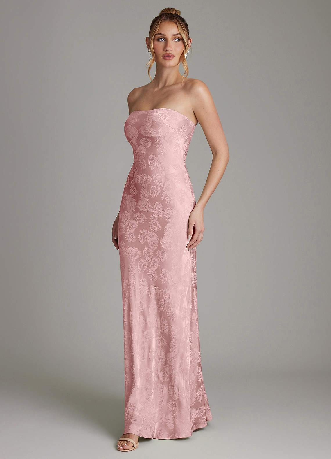 shimmer jacquard strapless flare dress in dusty pink Azazie Viv Ready to Ship Rose Jacquard Jacquard Bridesmaid Dresses