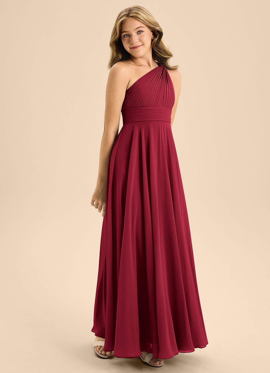 Azazie Charlize Junior Vestido Borgonha de Chiffon de Linha A com Plissado image4