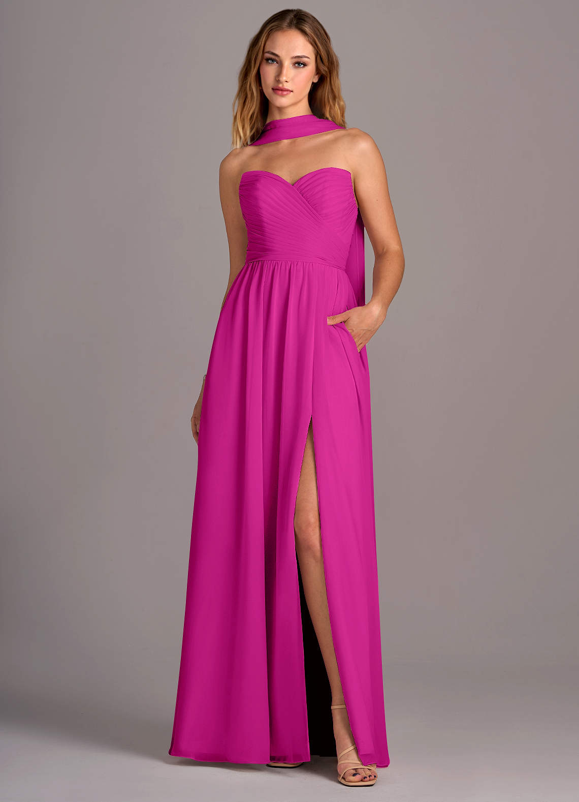 Azazie Joni Bridesmaid Dresses Fuchsia A-Line Strapless Chiffon Convertible Dress image1