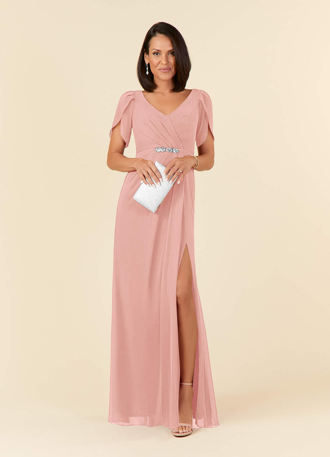 Azazie Marianne Mother of the Bride Dresses Rosette Sheath V-Neck Pleated Chiffon Dress image3