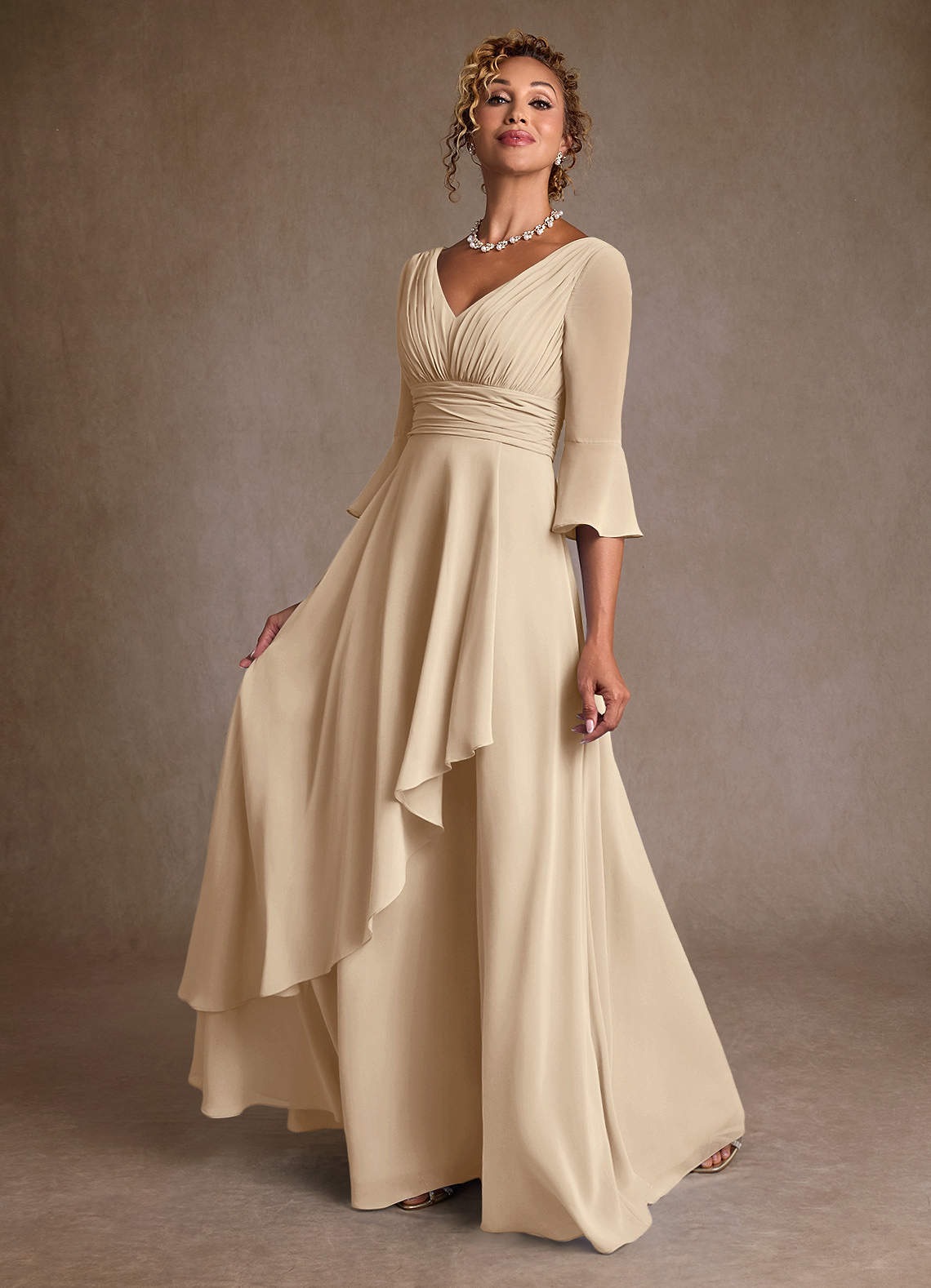 Azazie Eire Mother of the Bride Dresses Champagne A-Line Pleated Chiffon Dress image2