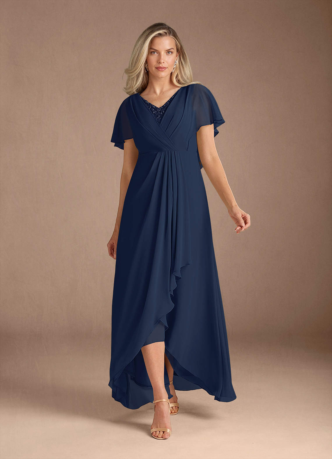 Azazie Eliza Dark Navy A-Line V-Neck Pleated Chiffon Dress | Azazie